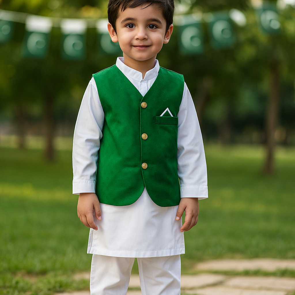 Boys White Shalwar Kameez with Green Waistcoat