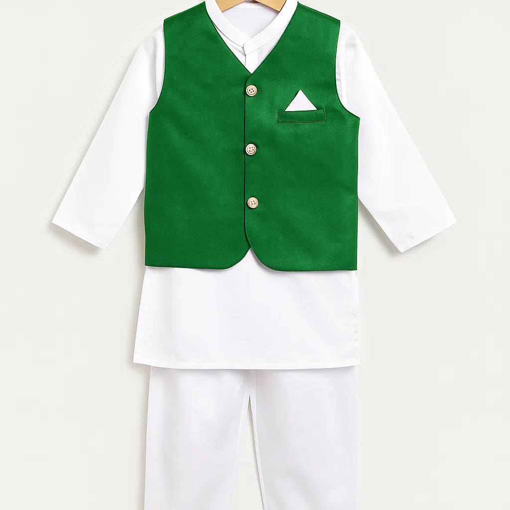 Boys White Shalwar Kameez with Green Waistcoat