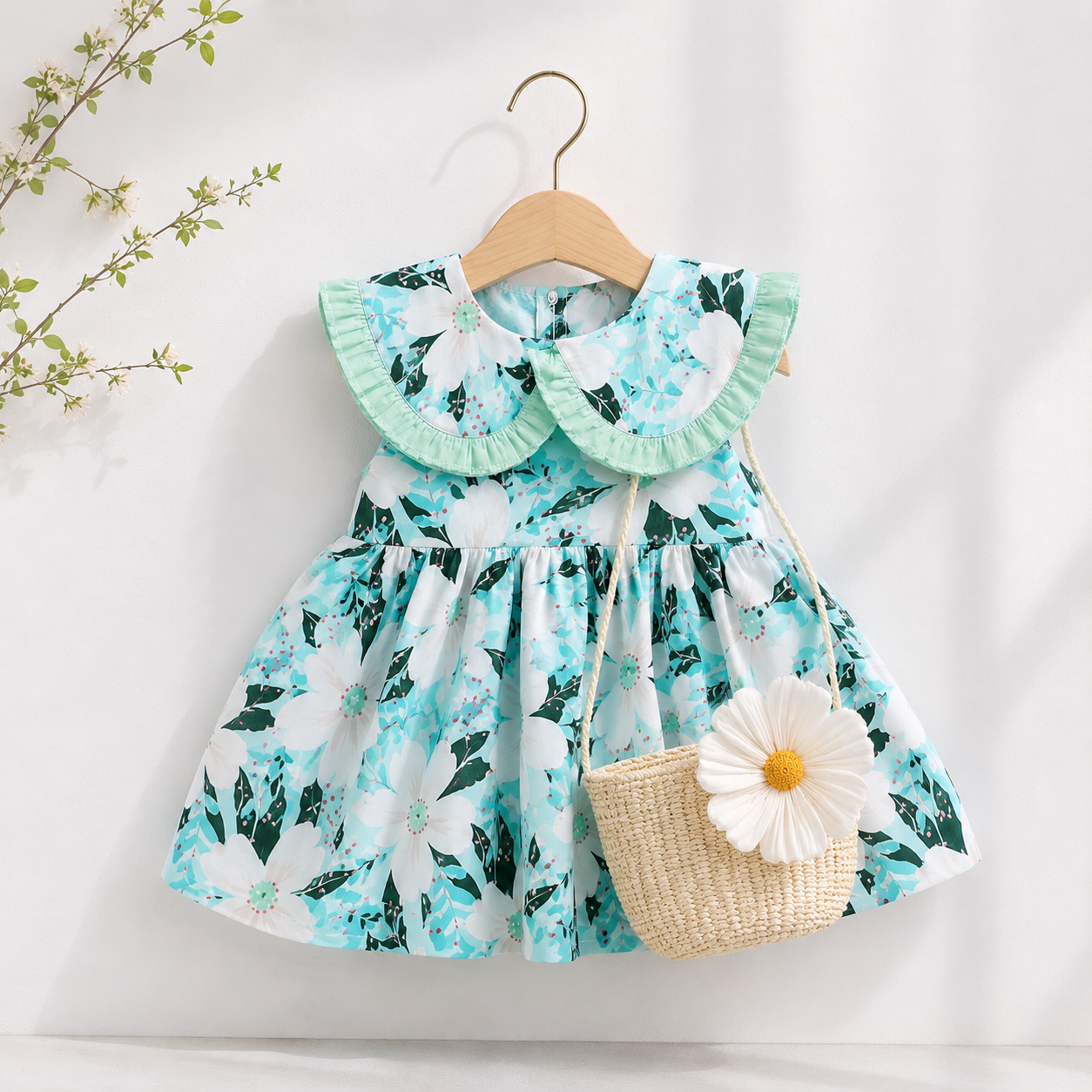 Tropical Green Frock With Cane bag