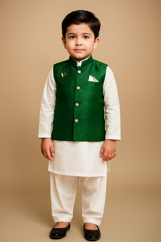 Traditional Green and White Festive dress for Boys