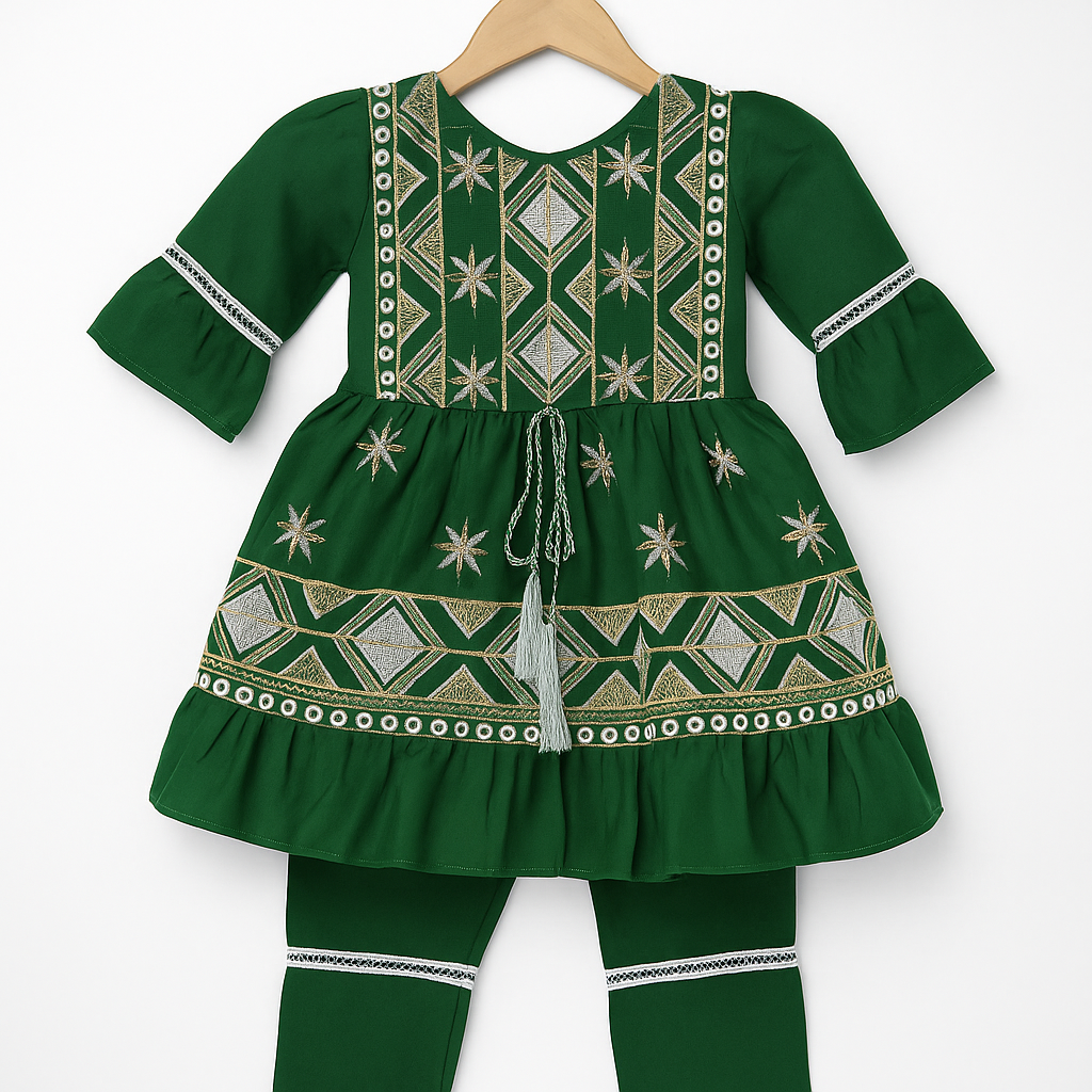 Green Embroided Frock For Girls