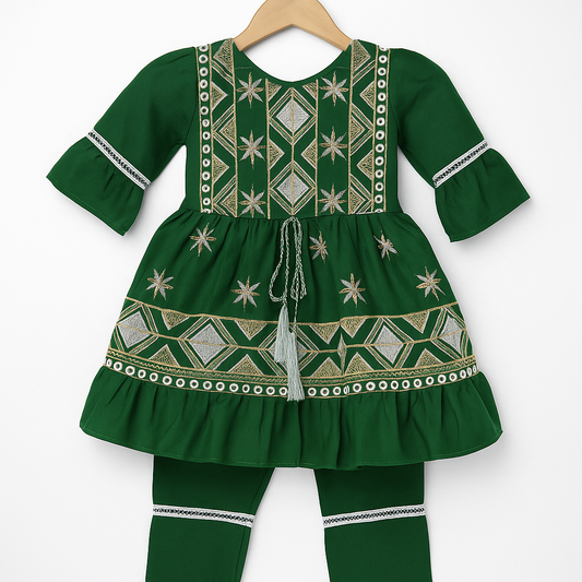 Green Embroided Frock For Girls