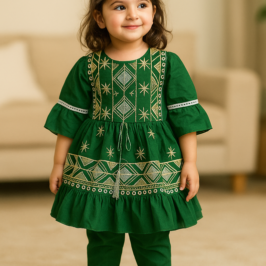 Green Embroided Frock For Girls