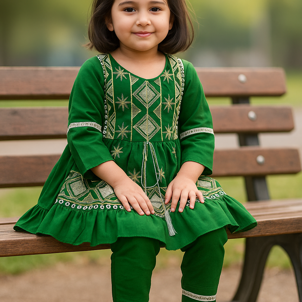 Green Embroided Frock For Girls