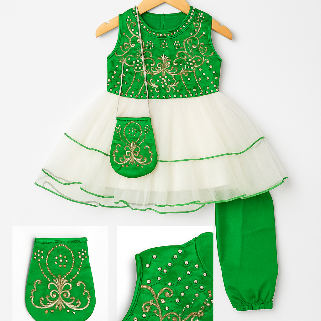 Green Festive Dress with Trousers & Purse