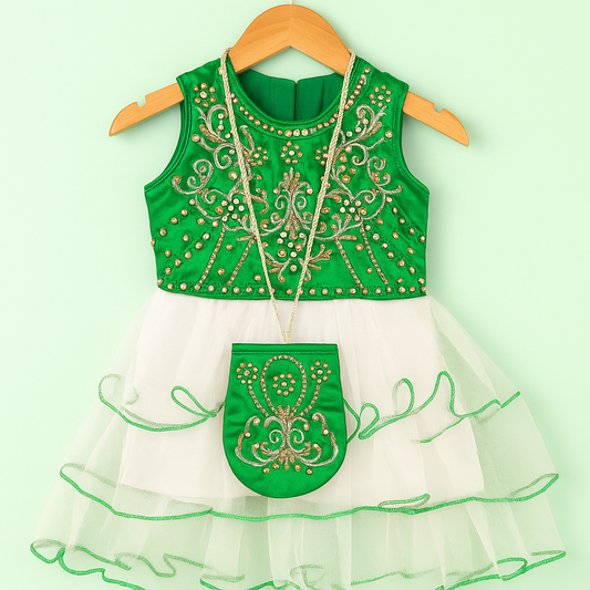 Green Festive Dress with Trousers & Purse