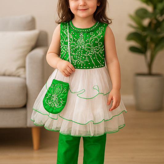 Green Festive Dress with Trousers & Purse