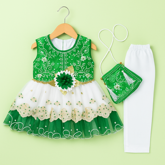 Green Grace Festive Frock With Trousers & Purse