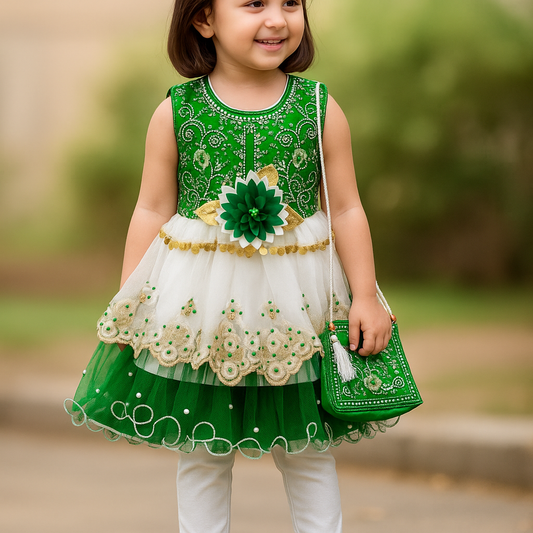 Green Grace Festive Frock With Trousers & Purse
