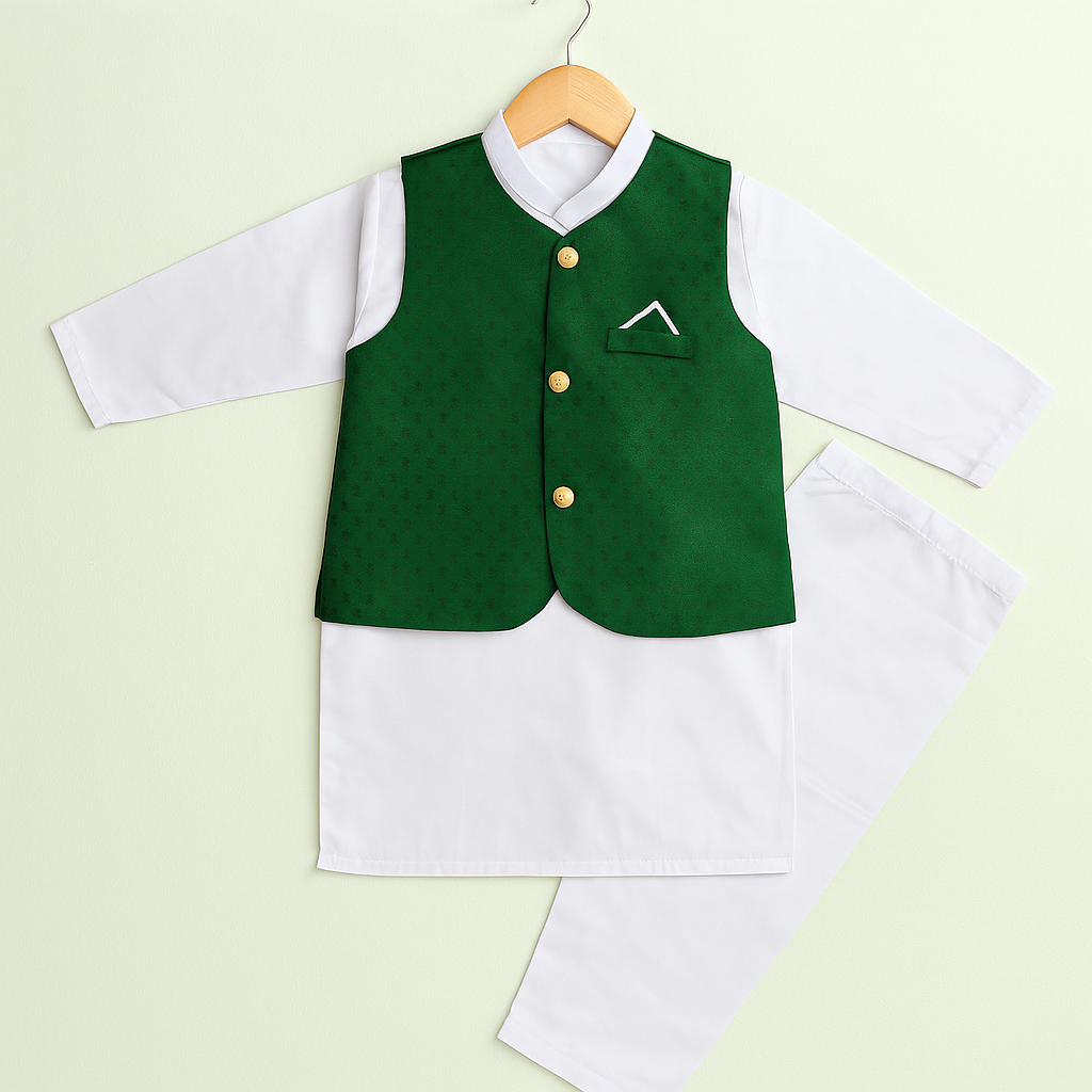 Boys White Shalwar Kameez with Green Waistcoat