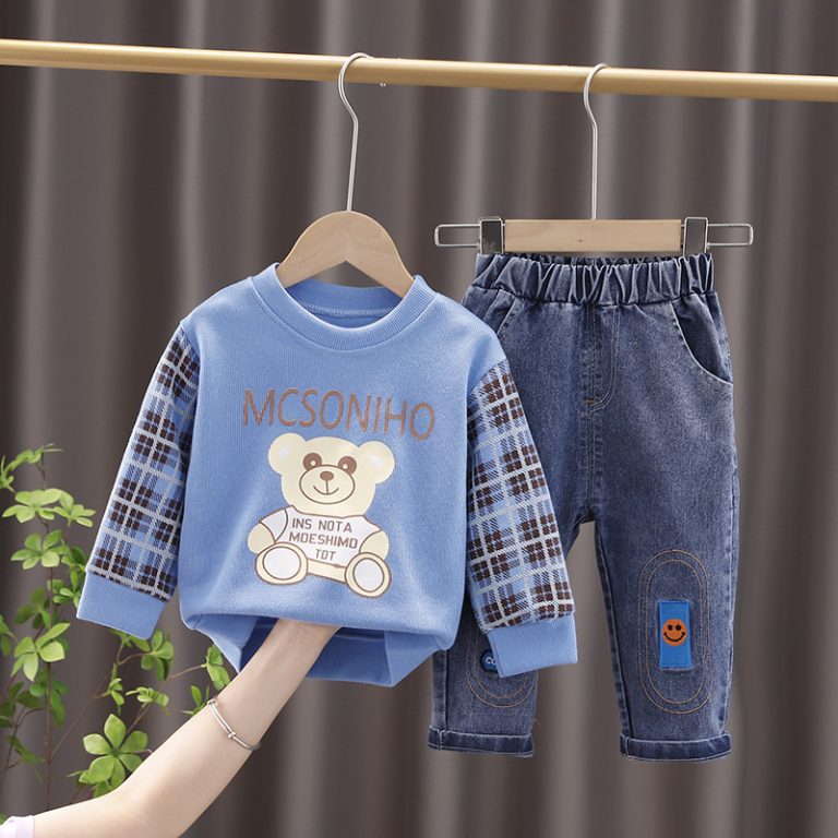 Cozy Bear Plaid Sweatshirt and Denim Set