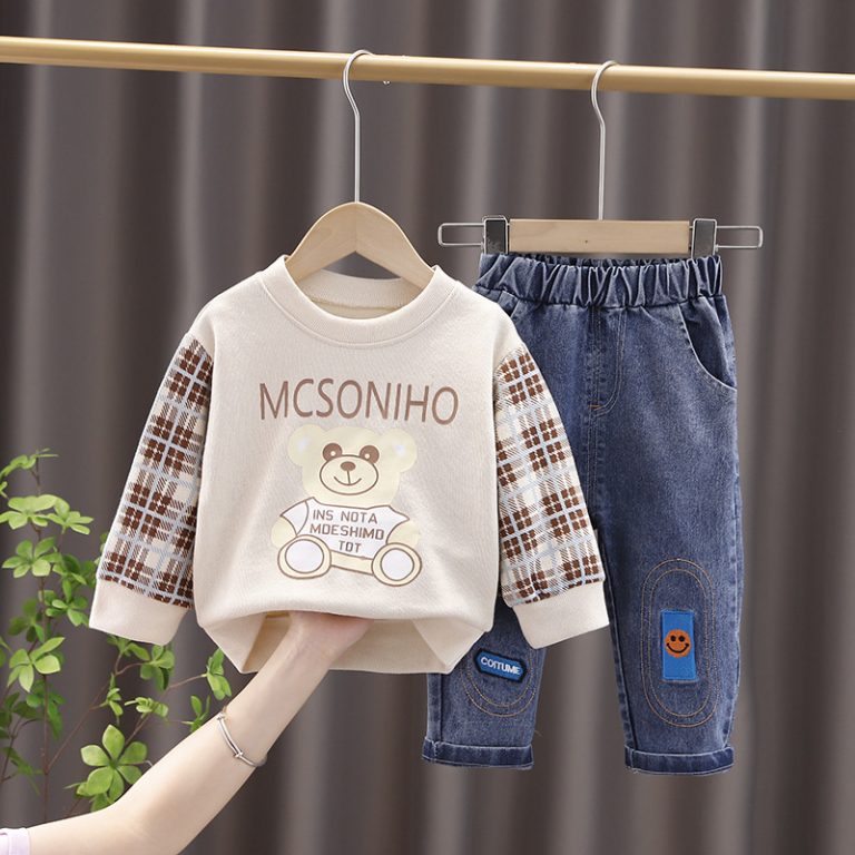 Cozy Bear Plaid Sweatshirt and Denim Set