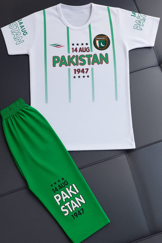 Green And White Shorts Set For Boys
