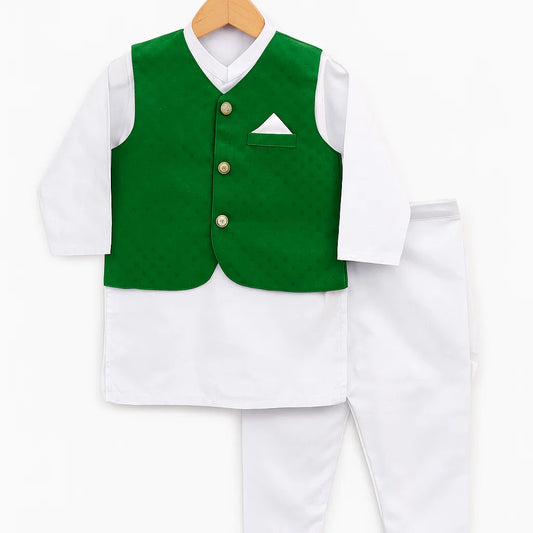 Boys White Shalwar Kameez with Green Waistcoat