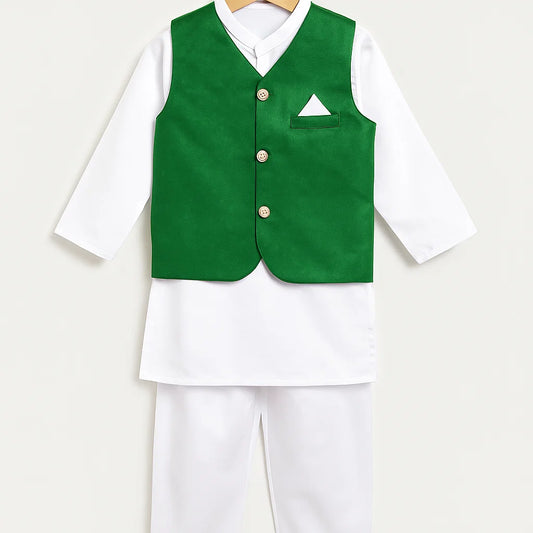 Boys White Shalwar Kameez with Green Waistcoat