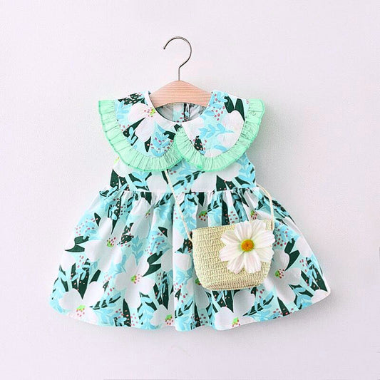 Tropical Green Frock With Cane bag