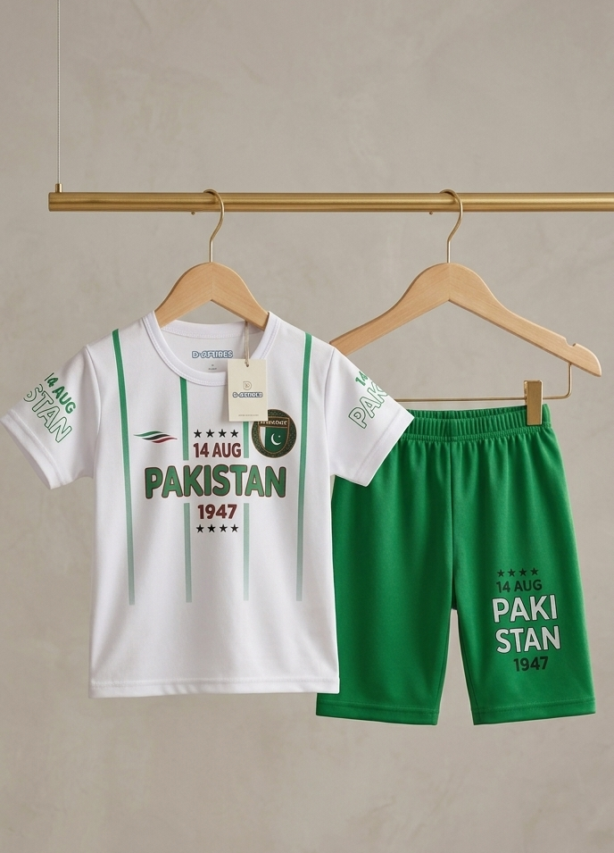 Green And White Shorts Set For Boys