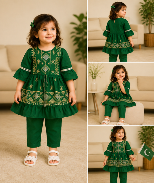 Green Embroided Frock For Girls