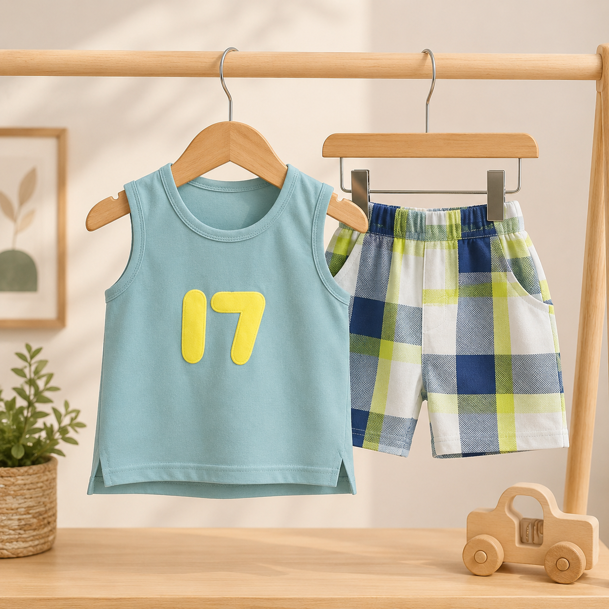 Sleeveless Green Tank Top with Plaid Shorts