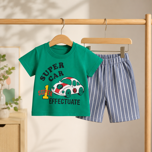 Green Super Car Tee with Striped shorts