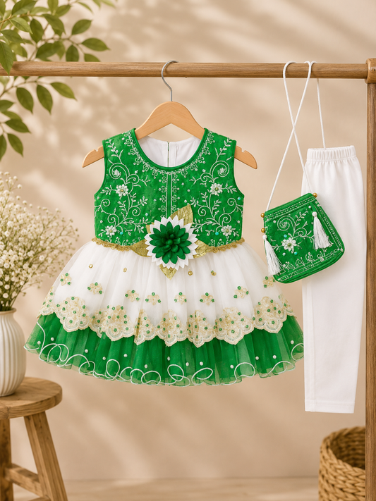 Green Grace Festive Frock With Trousers & Purse