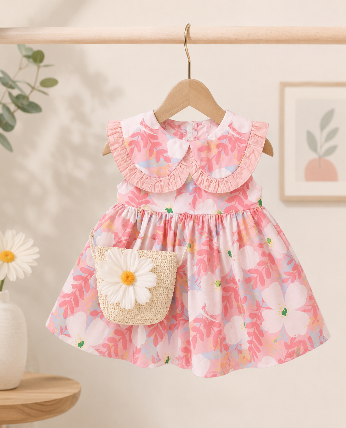 Rosy Pink Floral Frock with cane bag