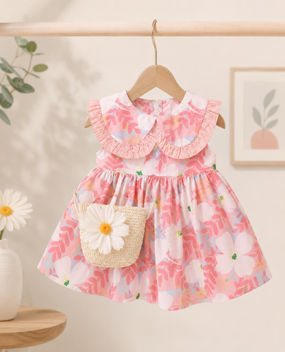 Rosy Pink Floral Frock with cane bag