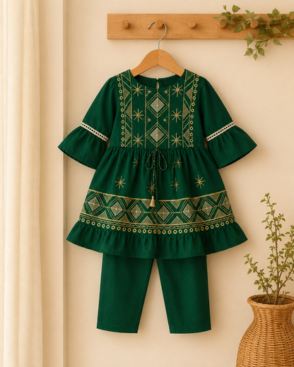 Green Embroided Frock For Girls