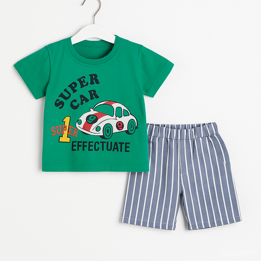 Green Super Car Tee with Striped shorts