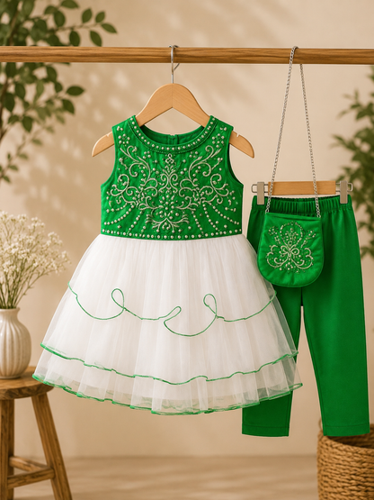 Green Festive Dress with Trousers & Purse