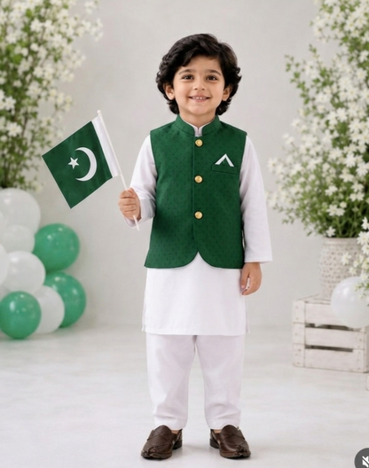 Boys White Shalwar Kameez with Green Waistcoat
