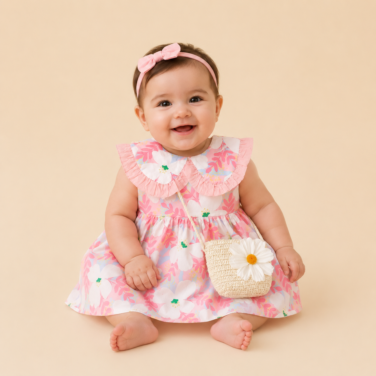 Rosy Pink Floral Frock with cane bag