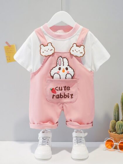 Cute Bunny Pink and White dungaree set
