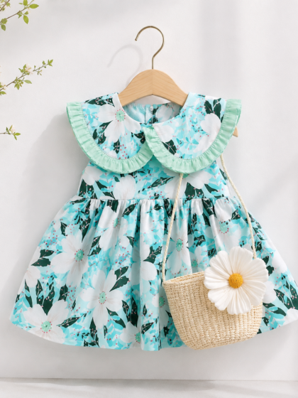 Tropical Green Frock With Cane bag