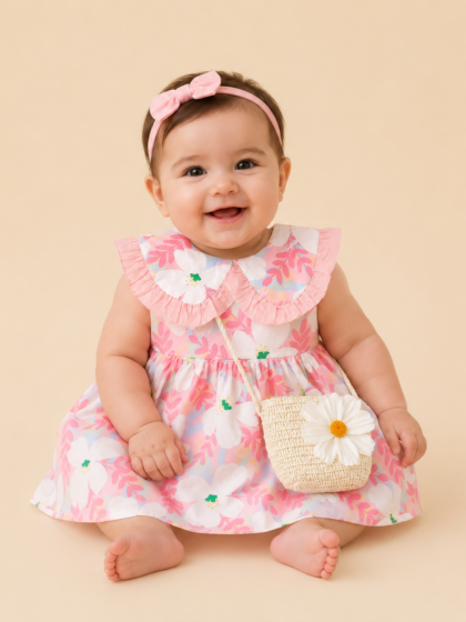 Rosy Pink Floral Frock with cane bag
